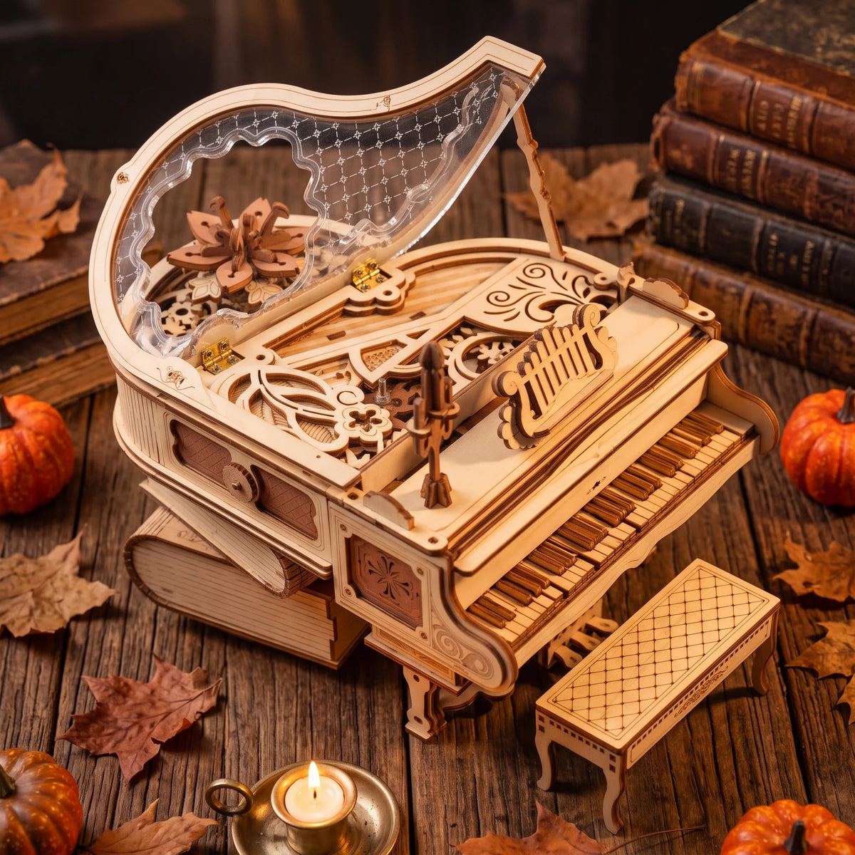 Piano magique ROKR vu de dessus, fleur et engrenages sous le couvercle transparent