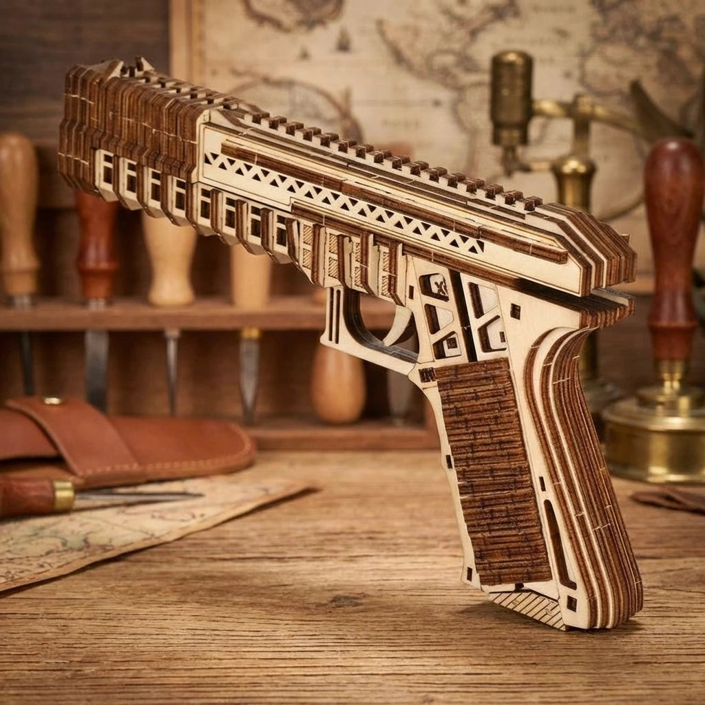 Puzzle 3D en bois thème Pistolet tactique, vue Angle 45°, éclairage externe mettant en valeur la maquette, décoration Nook-It