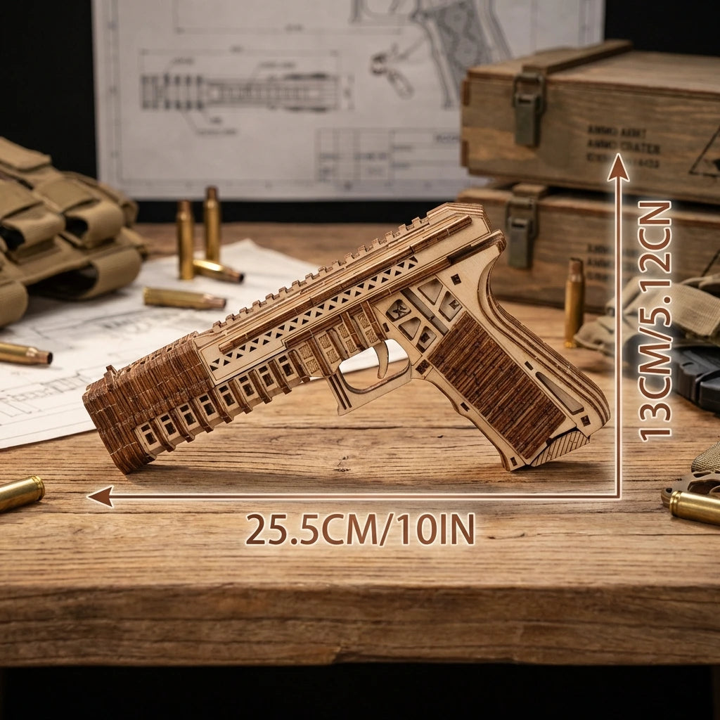 Puzzle 3D en bois thème Pistolet tactique, vue avec Dimensions, éclairage externe mettant en valeur la maquette, décoration Nook-It