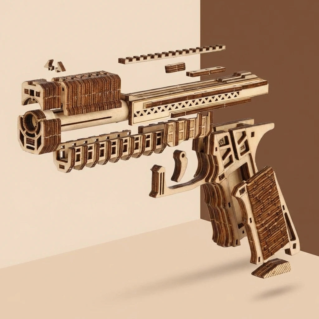 Puzzle 3D en bois thème Pistolet tactique, vue Éclatée, éclairage externe mettant en valeur la maquette, décoration Nook-It