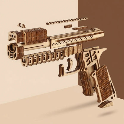 Puzzle 3D en bois thème Pistolet tactique, vue Éclatée, éclairage externe mettant en valeur la maquette, décoration Nook-It
