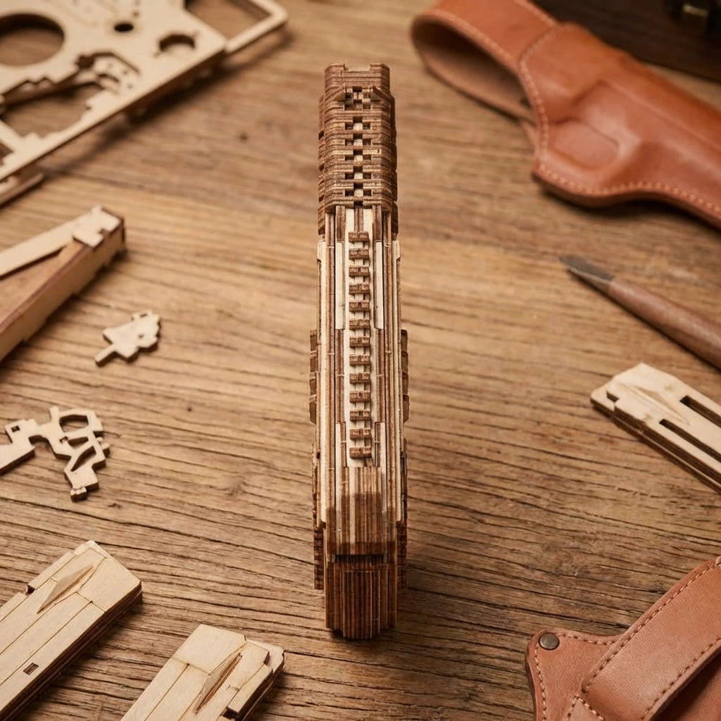 Puzzle 3D en bois thème Pistolet tactique, vue Plongeante, éclairage externe mettant en valeur la maquette, décoration Nook-It