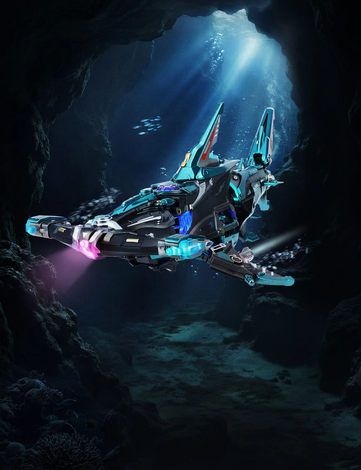 Requin-marteau mécanique ROKR nageant sous des rayons de lumière dans une grotte marine