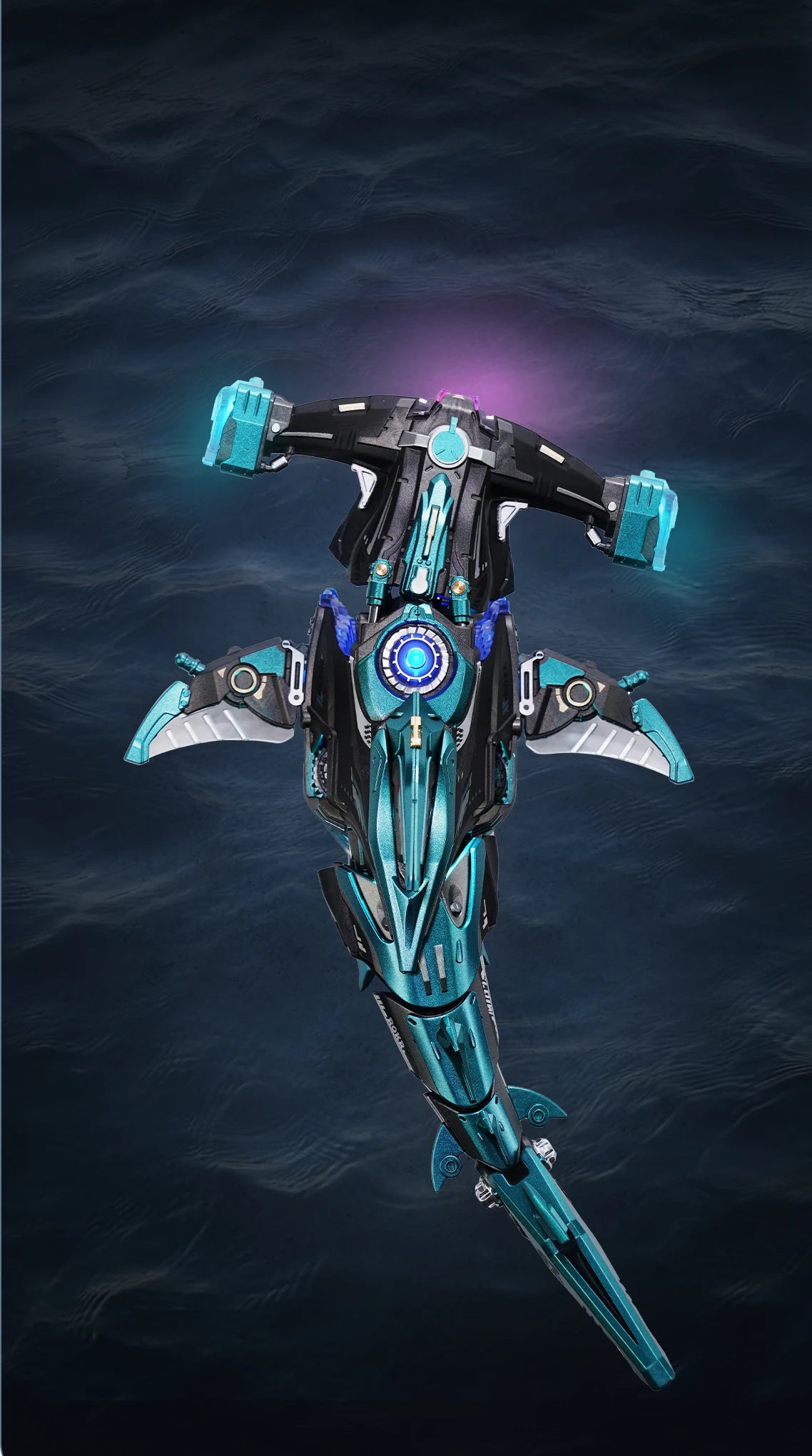 Requin-marteau mécanique vu du dessus, marteau en T et réacteur au centre
