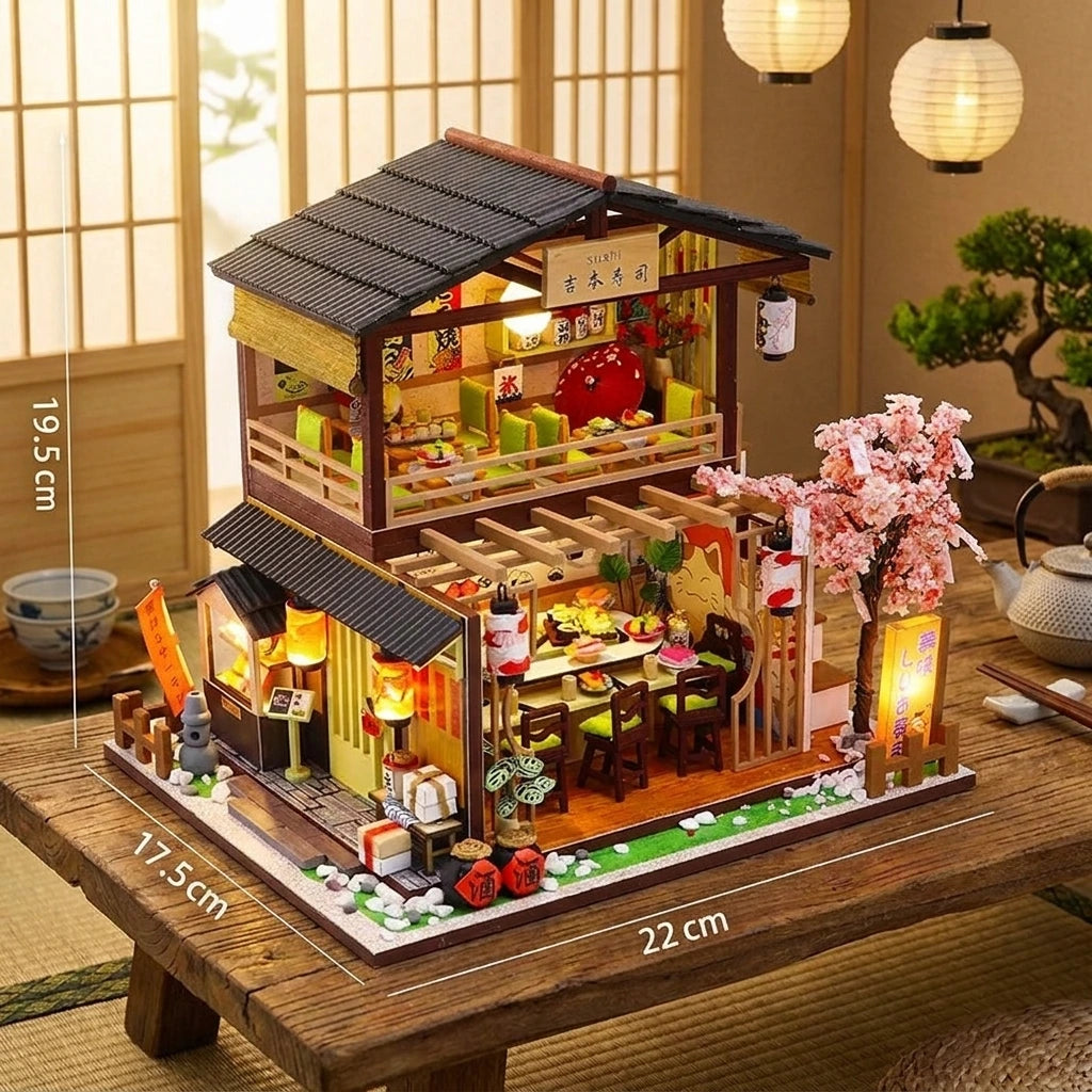 Dimensions du Restaurant Gibbon Sushi miniature en bois : 22 cm de large, 19,5 cm de haut