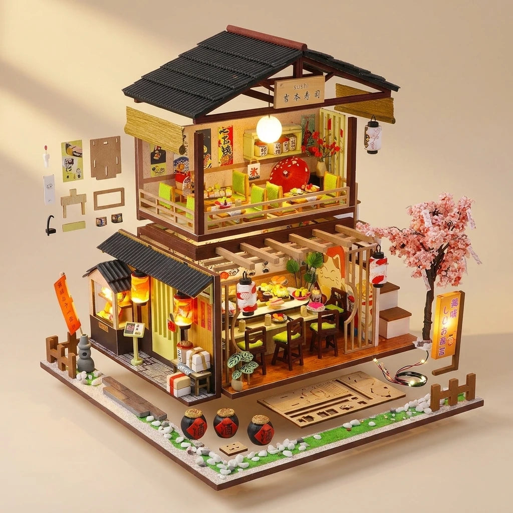 Vue eclatee du Restaurant Gibbon Sushi en bois montrant les pieces detachees et l'eclairage LED
