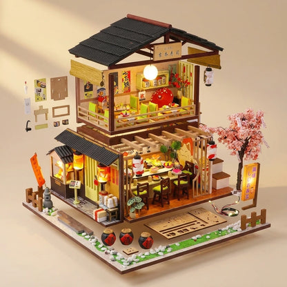 Vue eclatee du Restaurant Gibbon Sushi en bois montrant les pieces detachees et l'eclairage LED