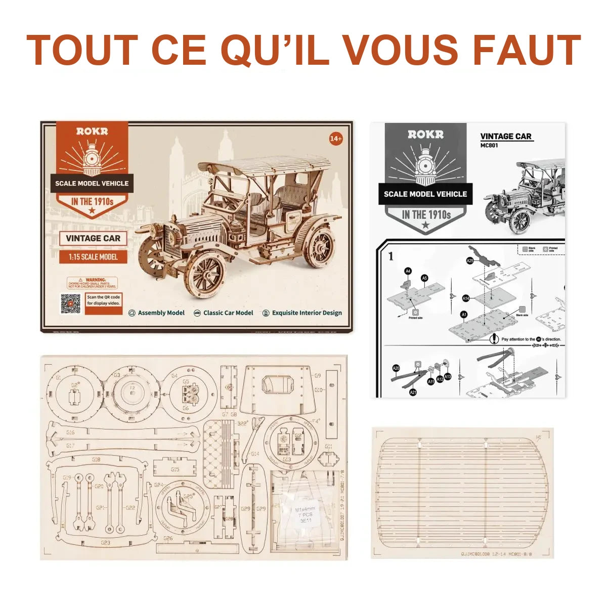 Contenu du kit Le Roadster Rétro : boîte d'origine, notice de montage et planches de pièces en bois