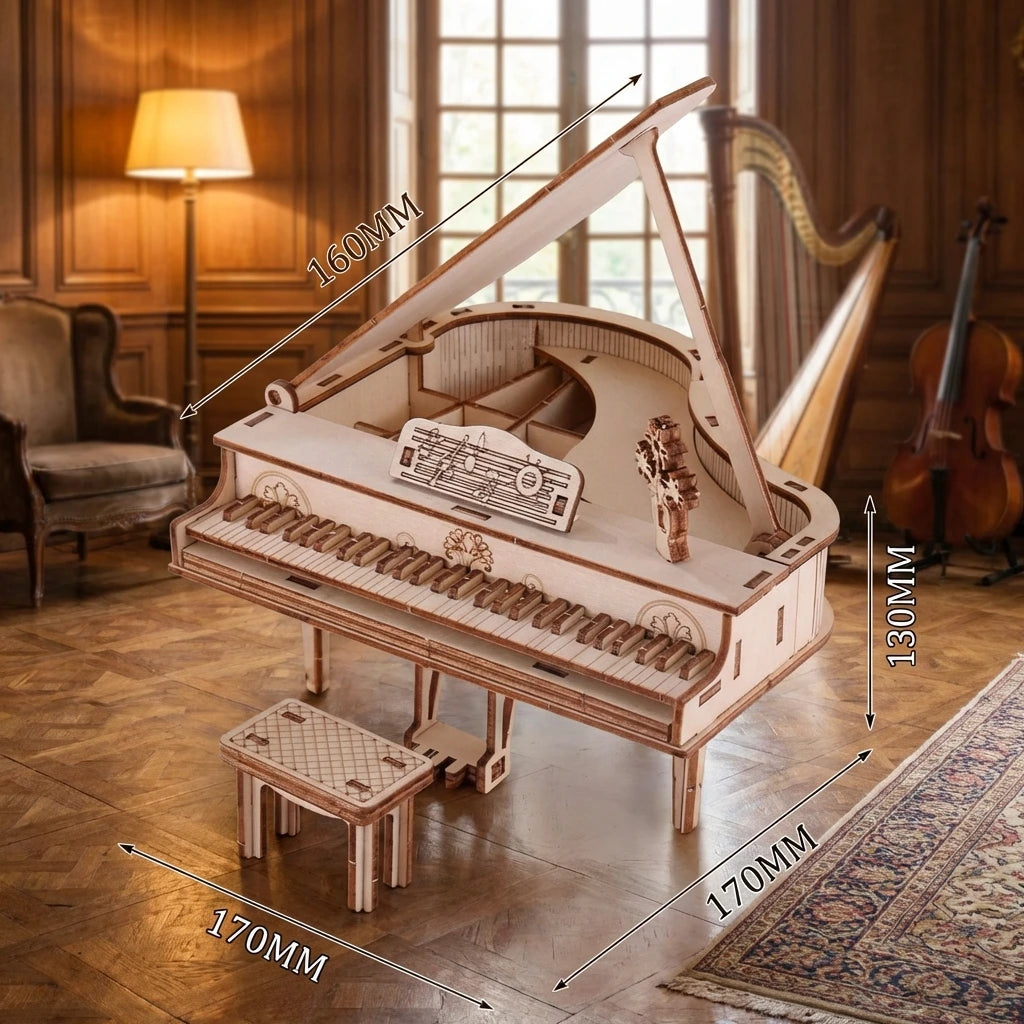 Puzzle 3D en bois thème Salon de Musique Classique, vue avec Dimensions, éclairage externe mettant en valeur la maquette