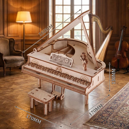 Puzzle 3D en bois thème Salon de Musique Classique, vue avec Dimensions, éclairage externe mettant en valeur la maquette