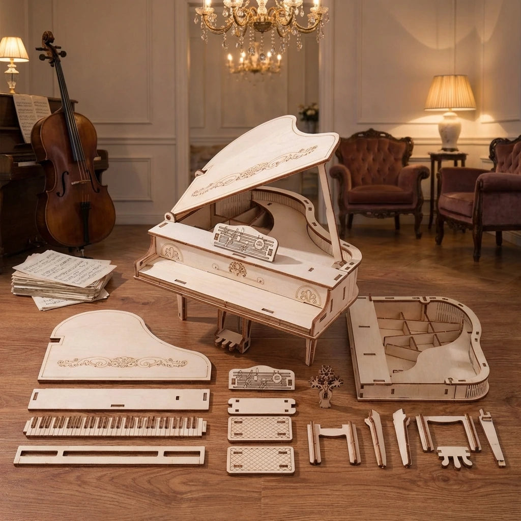 Puzzle 3D en bois thème Salon de Musique Classique, vue Vue Éclatée, éclairage externe mettant en valeur la maquette, décoration