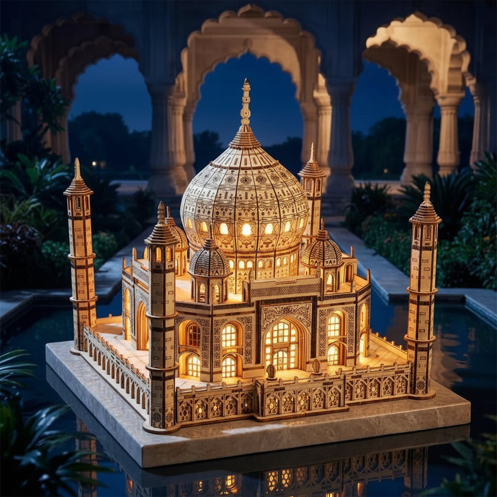 Taj Mahal en bois vue de nuit, ambiance décorative non contractuelle, sans éclairage intégré au produit
