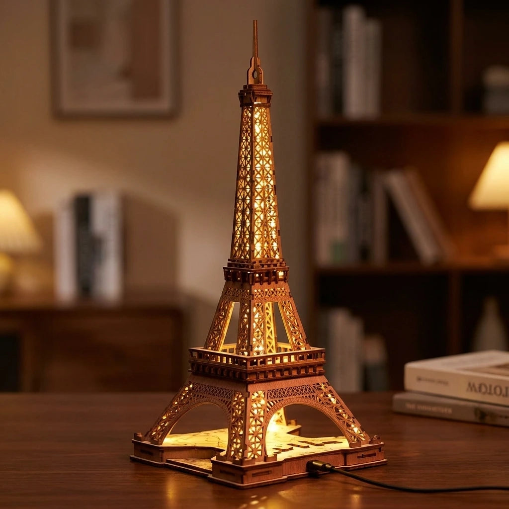 Maquette Tour Eiffel en bois illuminée posée sur un bureau, puzzle 3D LED 164 pièces Nook-It