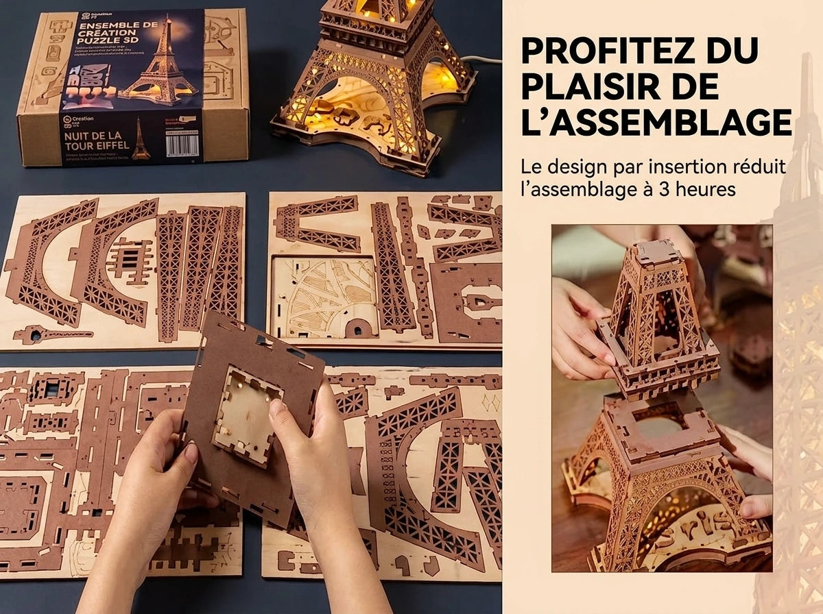 Boîte et planches de découpe du puzzle 3D Tour Eiffel, montage par insertion sans colle