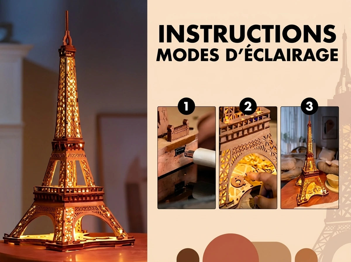 Instructions de branchement et activation tactile des modes lumineux de la Tour Eiffel en bois