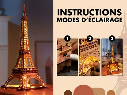 Instructions de branchement et activation tactile des modes lumineux de la Tour Eiffel en bois