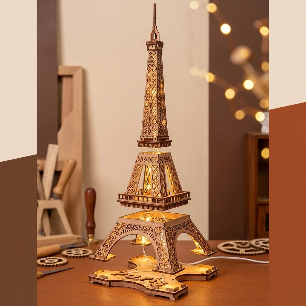 Vue éclatée de la Tour Eiffel en bois avec pièces détachées et guirlande LED, ambiance atelier