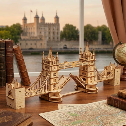 Maquette Tower Bridge en bois avec pont-levis ouvert, vue sur la Tour de Londres en arrière-plan