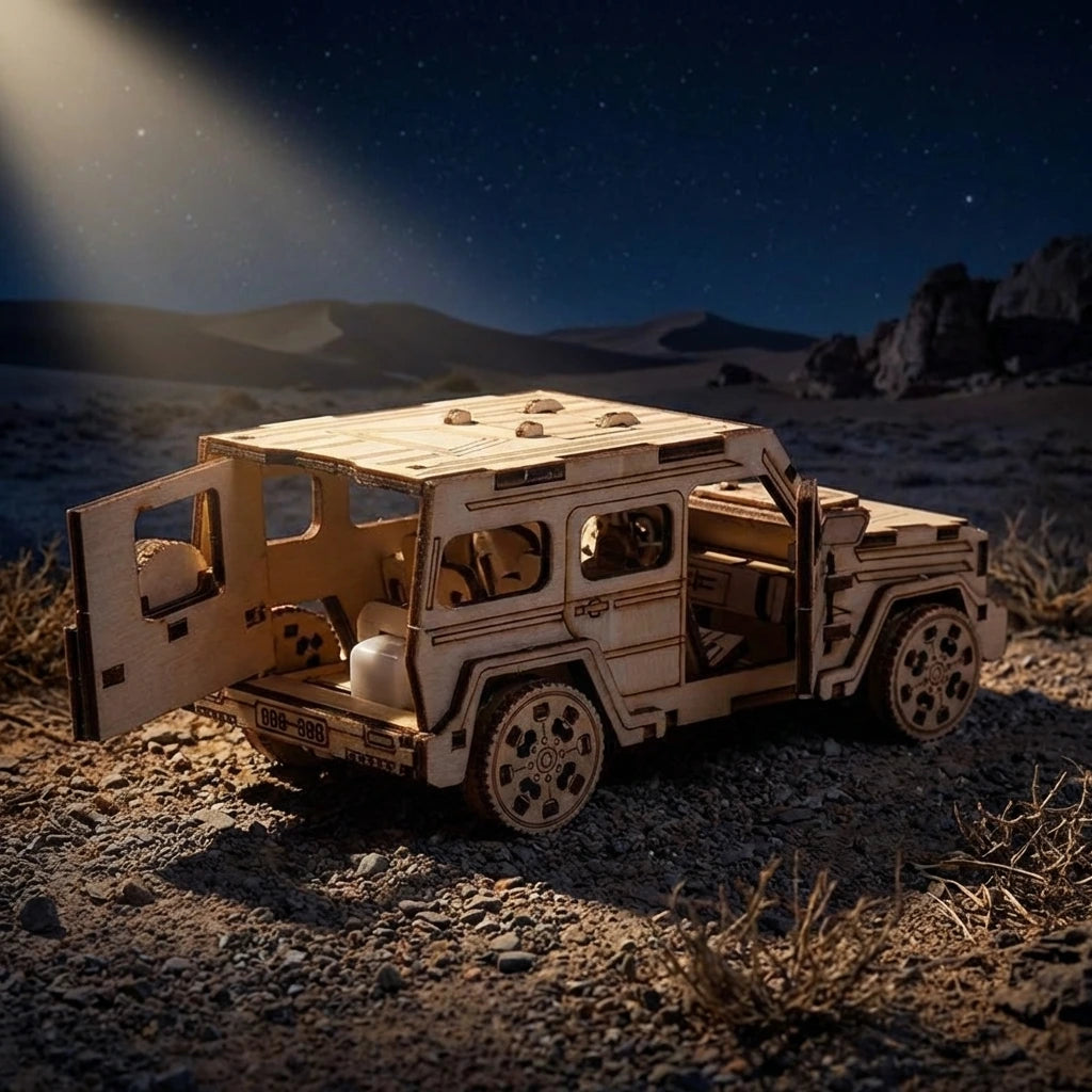 Puzzle 3D en bois thème Véhicule tout-terrain, vue Ambiance Nuit, éclairage externe mettant en valeur la maquette, décoration