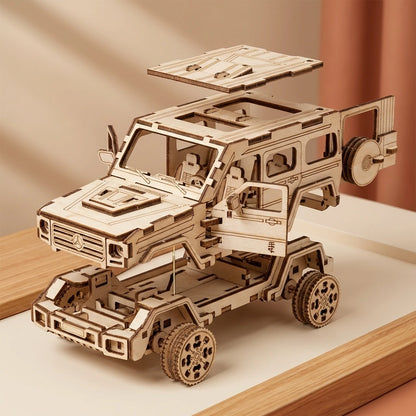 Puzzle 3D en bois thème Véhicule tout-terrain, vue Éclatée, éclairage externe mettant en valeur la maquette, décoration Nook-It
