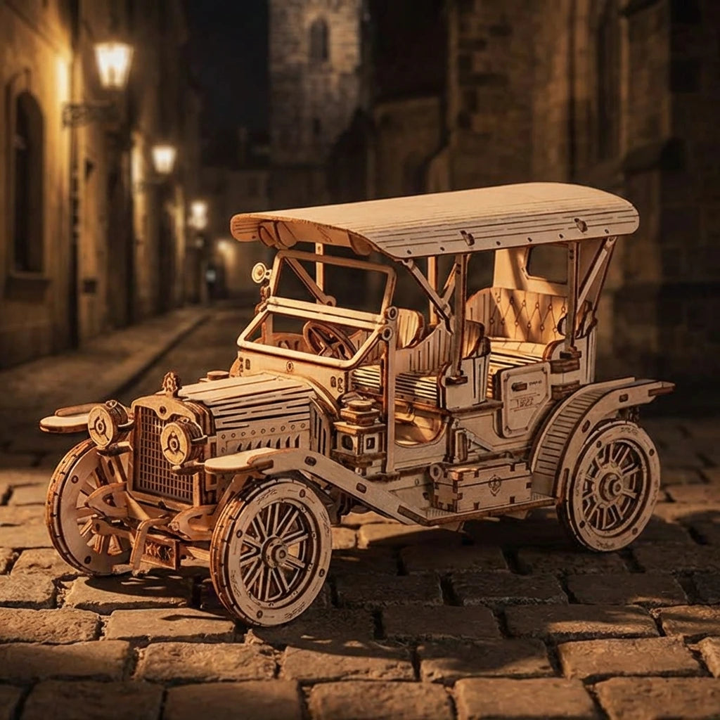 Puzzle 3D en bois thème Véhicules anciens, vue Ambiance Nuit, éclairage externe mettant en valeur la maquette, décoration Nook-It