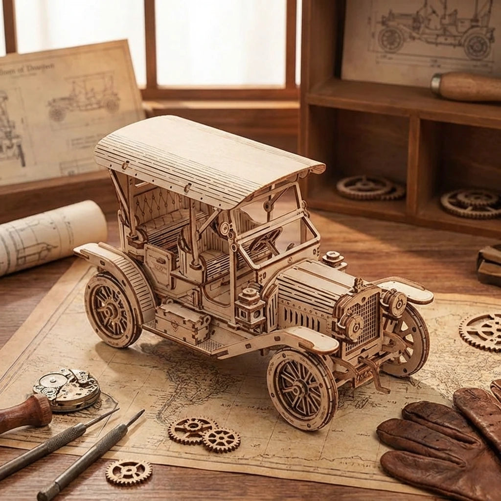 Puzzle 3D en bois thème Véhicules anciens, vue Vue Plongeante, éclairage externe mettant en valeur la maquette, décoration 