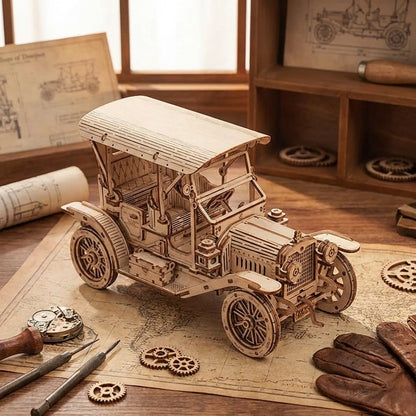 Puzzle 3D en bois thème Véhicules anciens, vue Vue Plongeante, éclairage externe mettant en valeur la maquette, décoration 