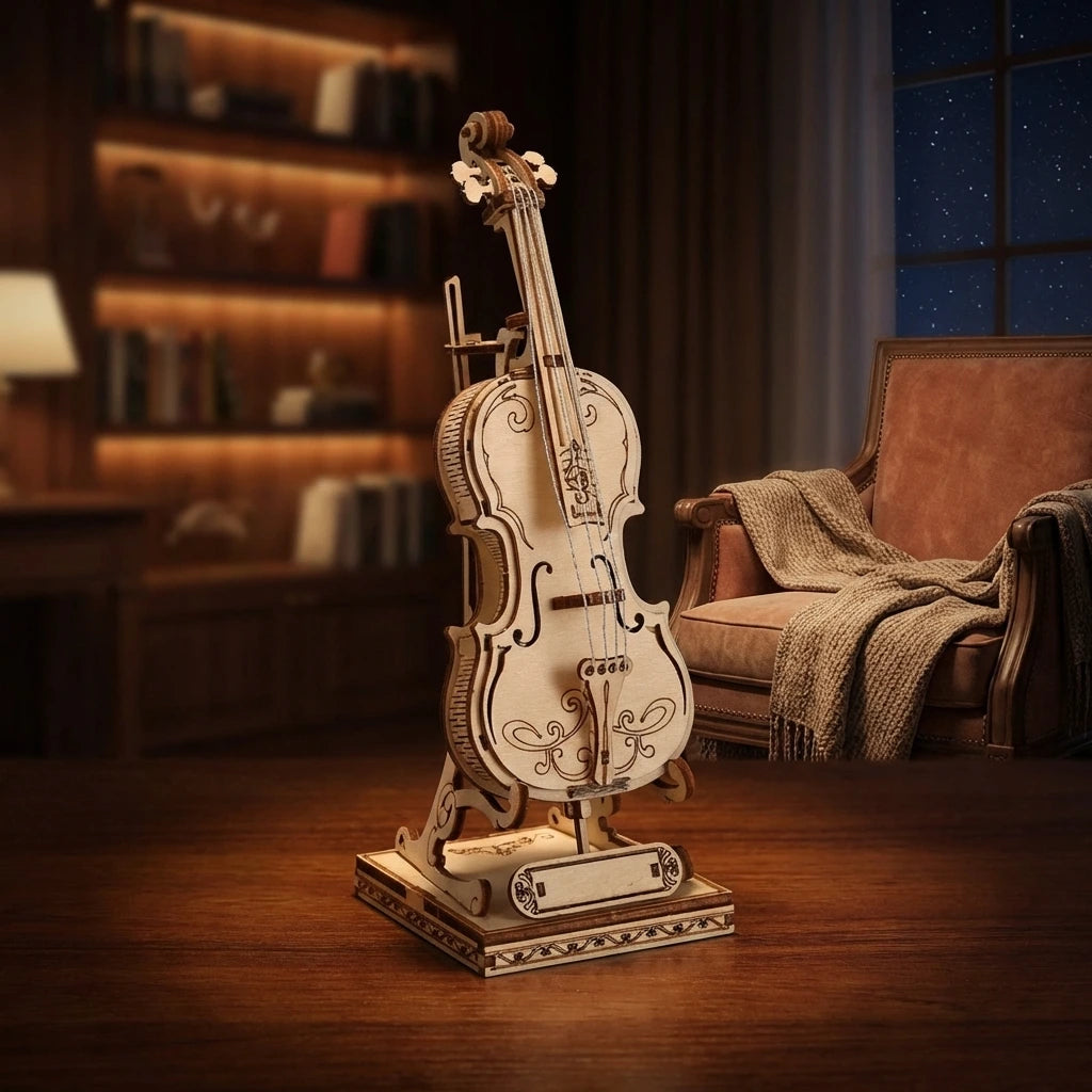 Puzzle 3D en bois thème Violon avec Archet et Socle, vue Ambiance Nuit, éclairage externe mettant en valeur la maquette, décoration