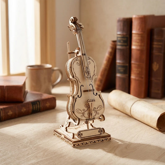 Puzzle 3D en bois thème Violon avec Archet et Socle, vue Angle 45°, éclairage externe mettant en valeur la maquette, décoration