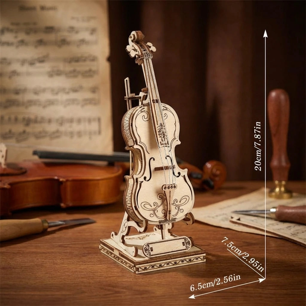 Puzzle 3D en bois thème Violon avec Archet et Socle, vue avec Dimensions, éclairage externe mettant en valeur la maquette