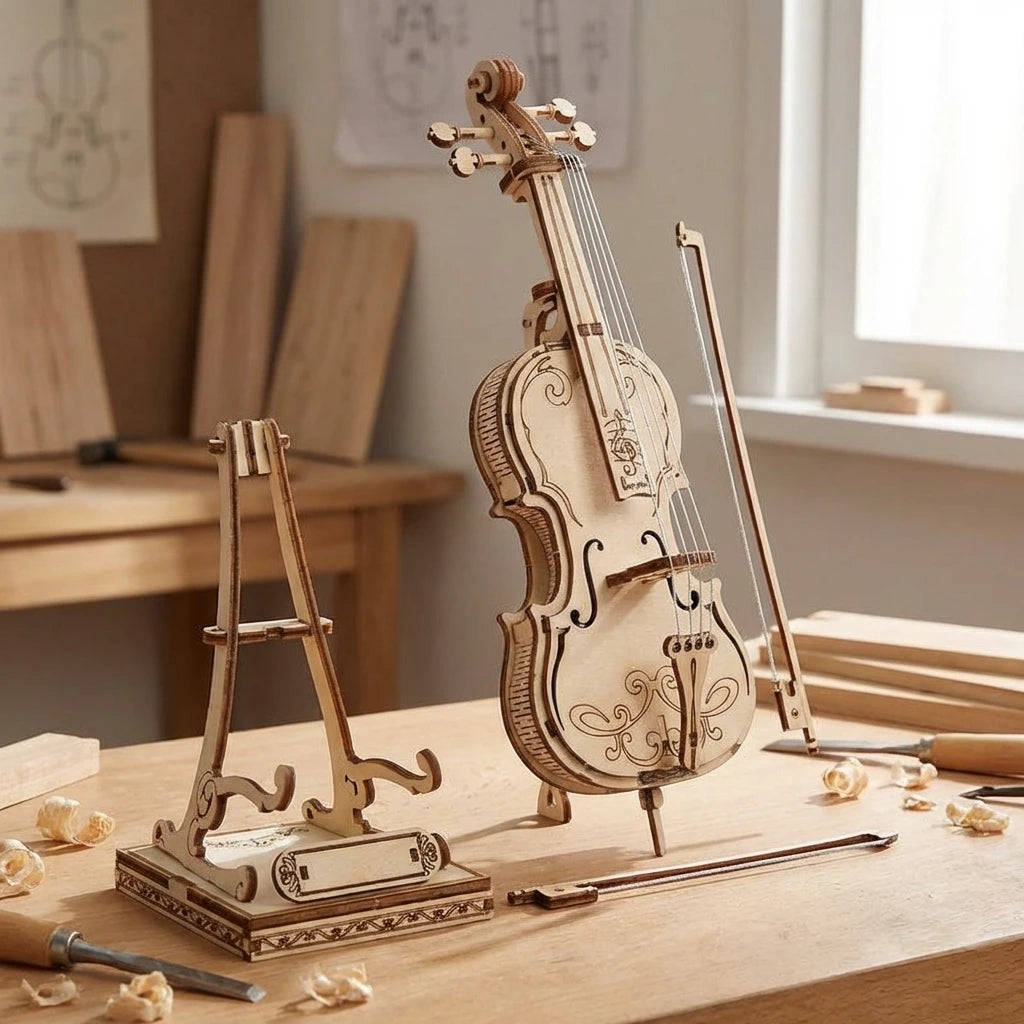 Puzzle 3D en bois thème Violon avec Archet et Socle, vue Éclatée, éclairage externe mettant en valeur la maquette, décoration Nook-It