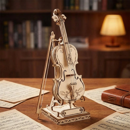 Puzzle 3D en bois thème Violon avec Archet et Socle, vue Vue Plongeante, éclairage externe mettant en valeur la maquette