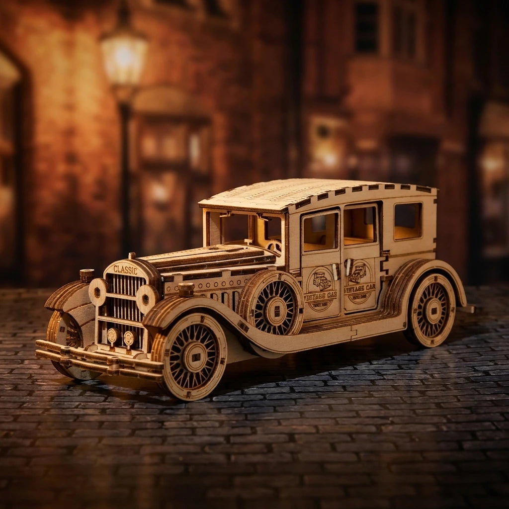 Puzzle 3D en bois thème Voiture classique 1930, vue Ambiance Nuit, éclairage externe mettant en valeur la maquette, décoration