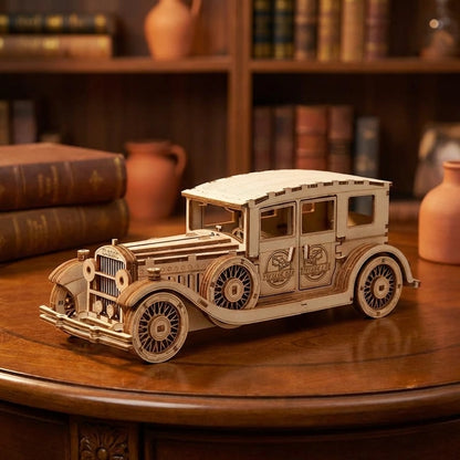 Puzzle 3D en bois thème Voiture classique 1930, vue Angle 45°, éclairage externe mettant en valeur la maquette, décoration Nook-It