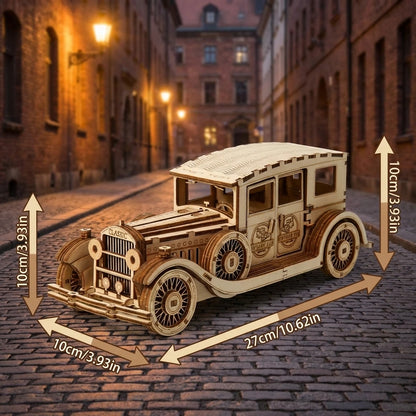 Puzzle 3D en bois thème Voiture classique 1930, vue avec Dimensions, éclairage externe mettant en valeur la maquette