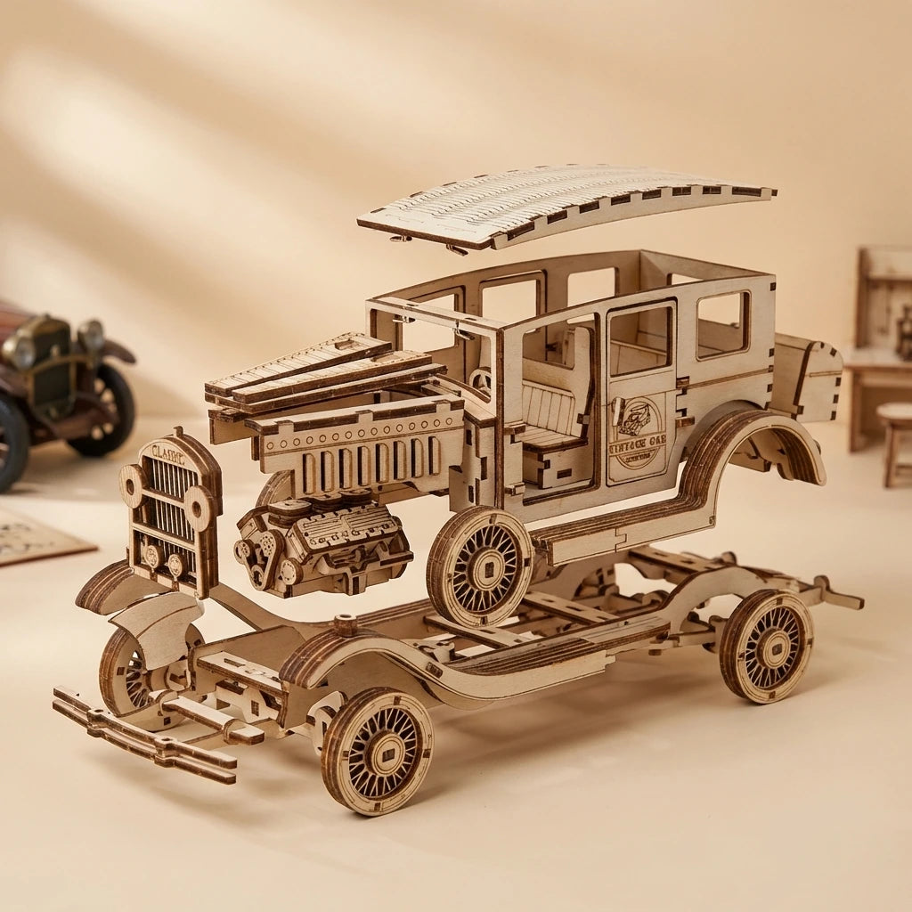 Puzzle 3D en bois thème Voiture classique 1930, vue Éclatée, éclairage externe mettant en valeur la maquette, décoration