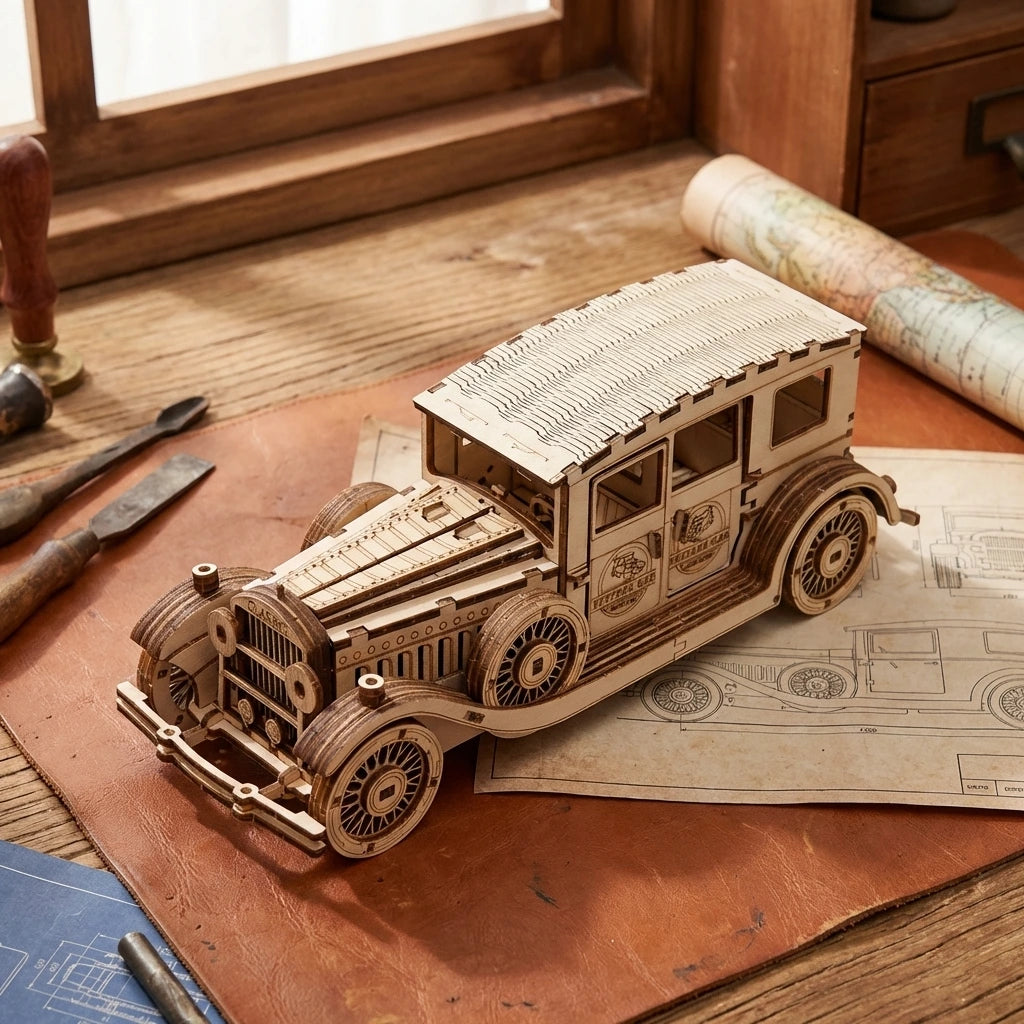 Puzzle 3D en bois thème Voiture classique 1930, vue Plongeante, éclairage externe mettant en valeur la maquette, décoration