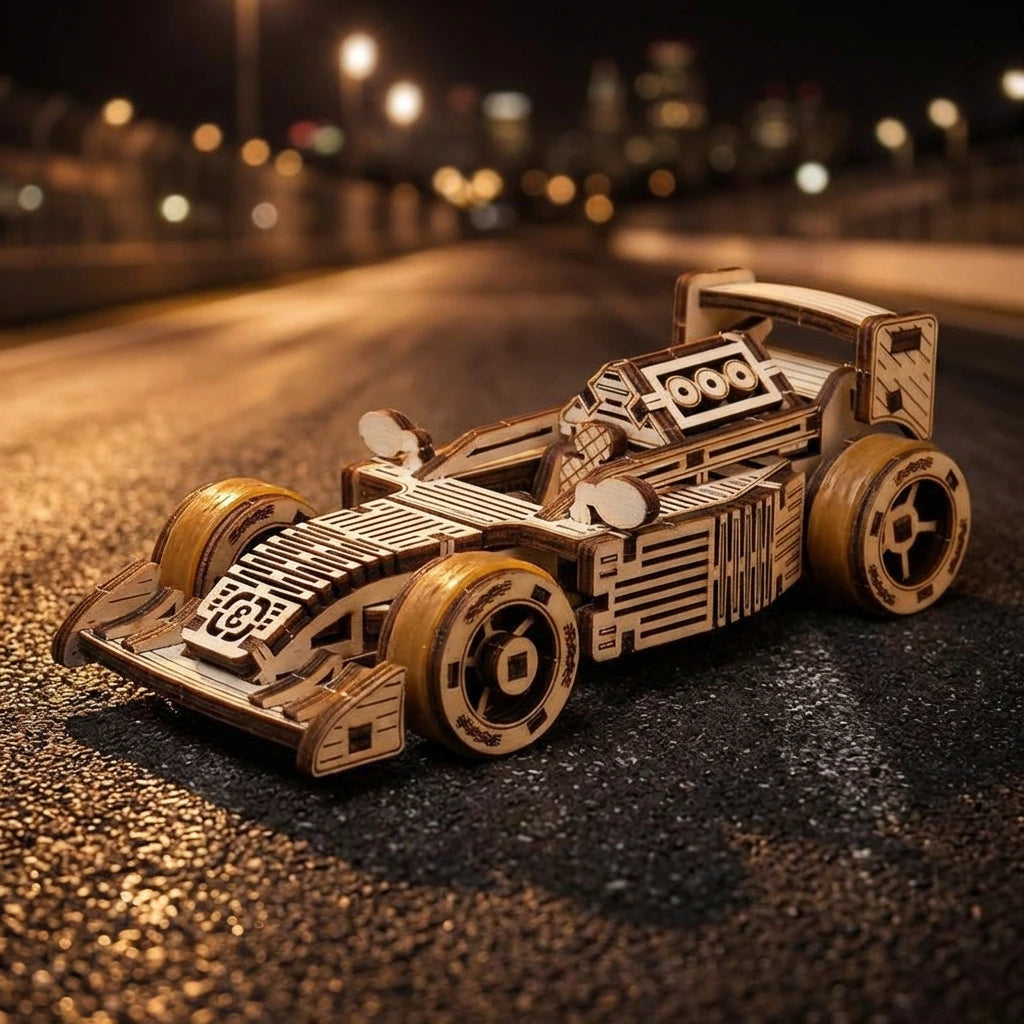Puzzle 3D en bois thème Voiture de course F3, vue Ambiance Nuit, éclairage externe mettant en valeur la maquette, décoration