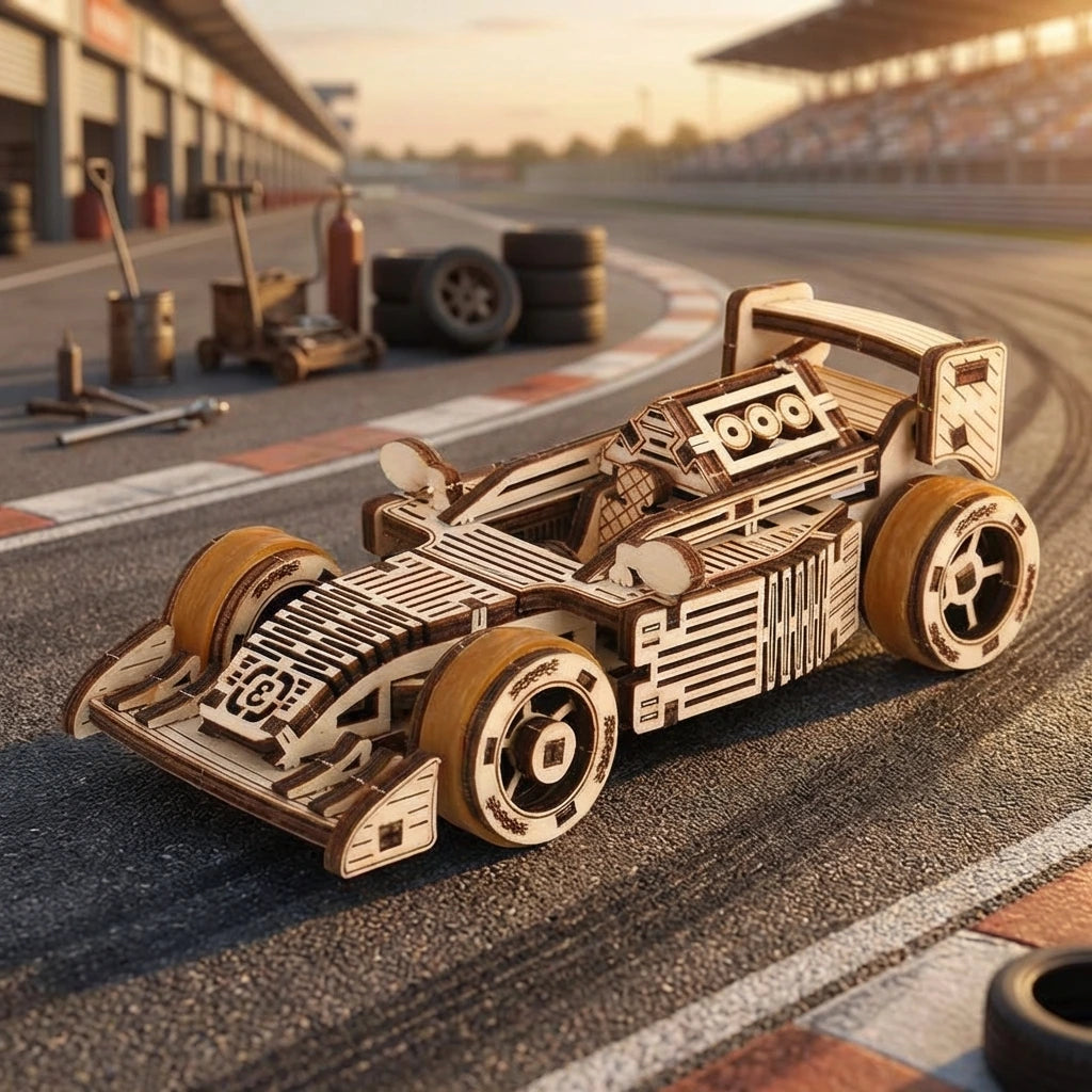 Puzzle 3D en bois thème Voiture de course F3, vue Angle 45°, éclairage externe mettant en valeur la maquette, décoration Nook-It