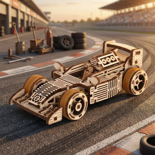 Puzzle 3D en bois thème Voiture de course F3, vue Angle 45°, éclairage externe mettant en valeur la maquette, décoration Nook-It