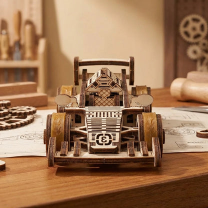 Puzzle 3D en bois thème Voiture de course F3, vue Face, éclairage externe mettant en valeur la maquette, décoration Nook-It.