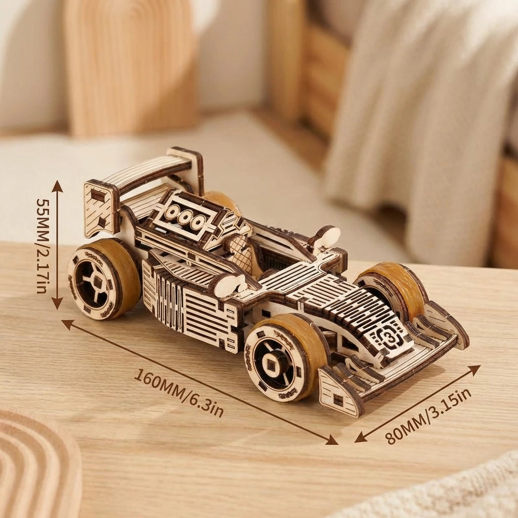 Puzzle 3D en bois thème Voiture de course F3, vue Vue avec Dimensions, éclairage externe mettant en valeur la maquette, décoration Nook-It