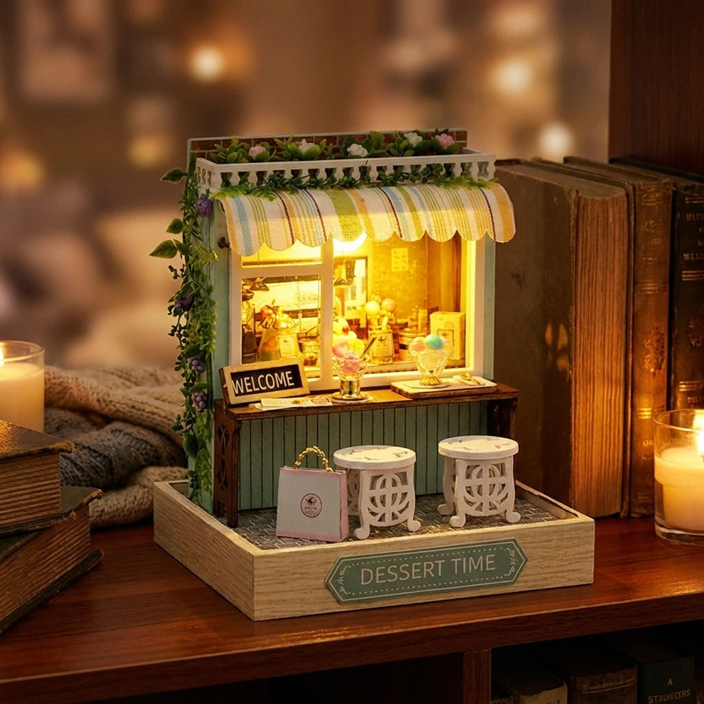 Scène Miniature – Dessert Time – DIY, vue Ambiance Nuit, éclairage LED chaleureux, décoration Nook-It