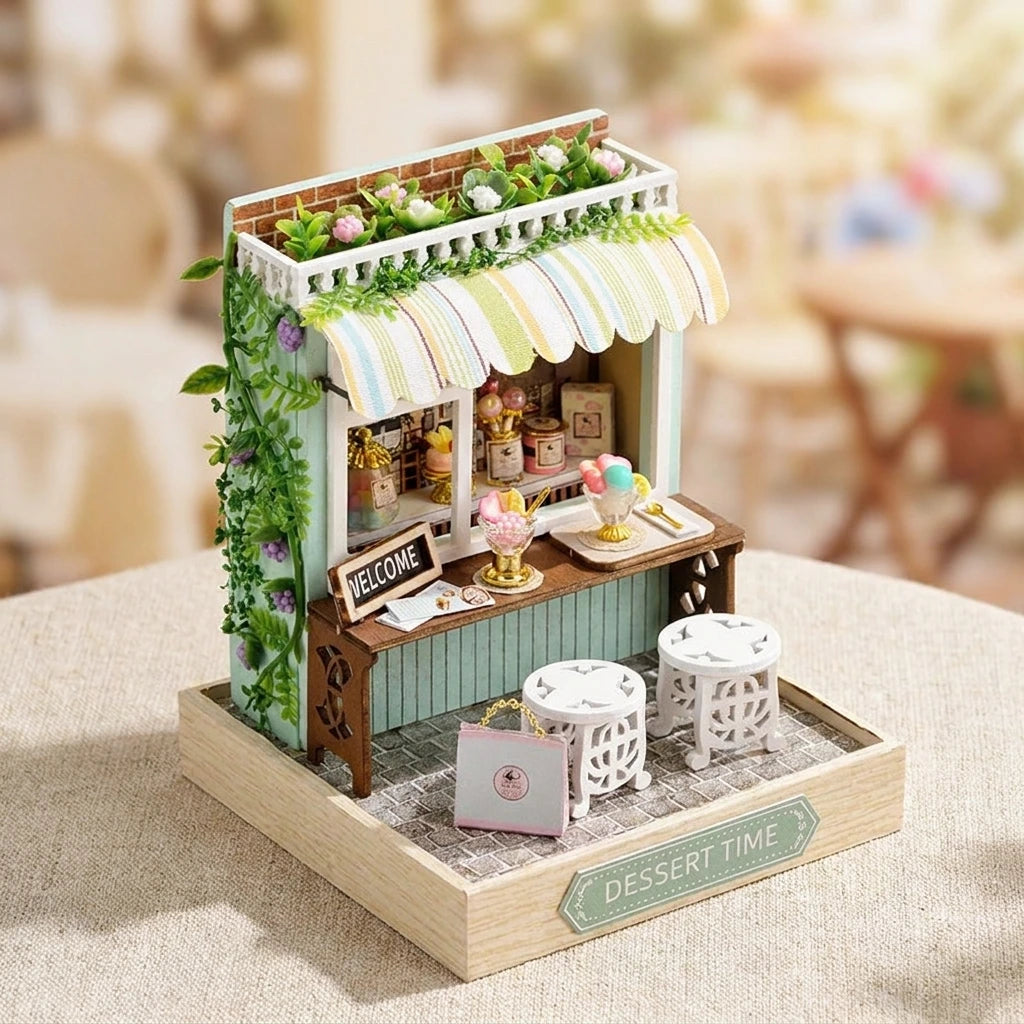 Scène Miniature – Dessert Time – DIY, vue Vue Plongeante, éclairage LED chaleureux, décoration